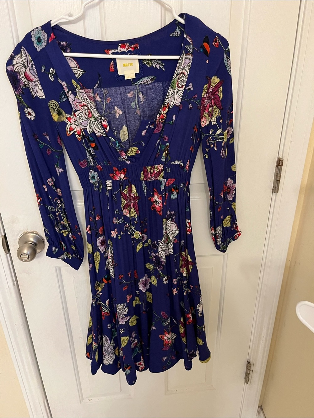 Maeve Anthropologie Floral Butterfly Print V-Neck Midi Dress XXS Navy/Purple